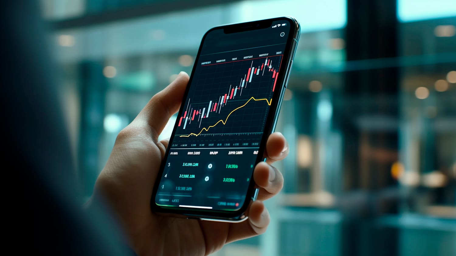 A hand holding a smartphone checking stocks.